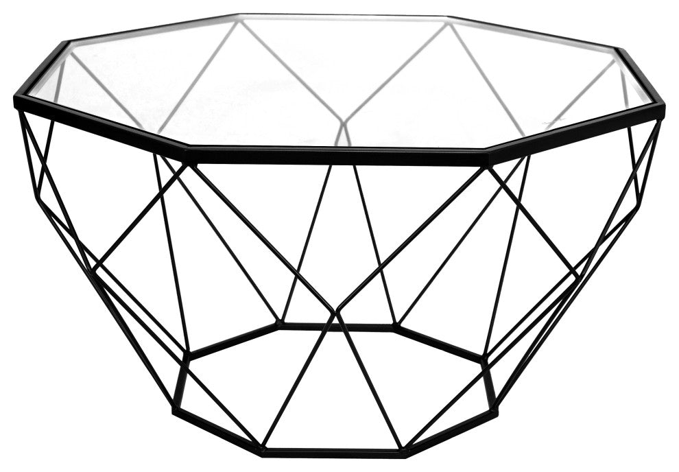 Malibu Round Coffee Table with Round Glass Tabletop in Geometric Metal Base, Black