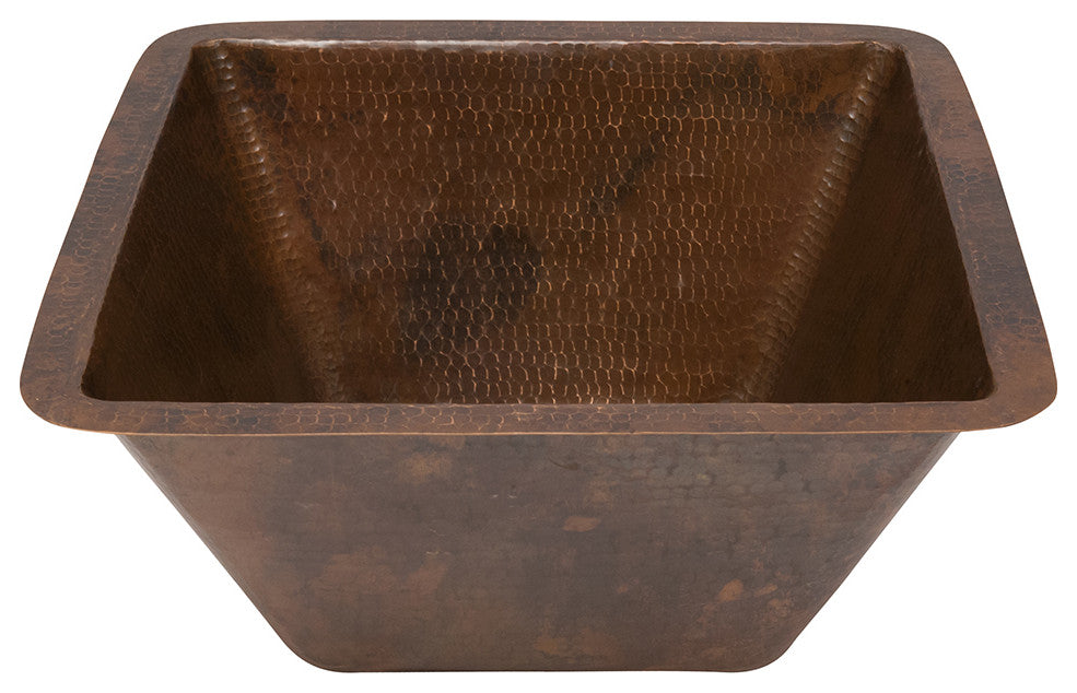 15" Square Hammered Copper Bar/Prep Sink, 2" Drain Opening, Drain & Accessories