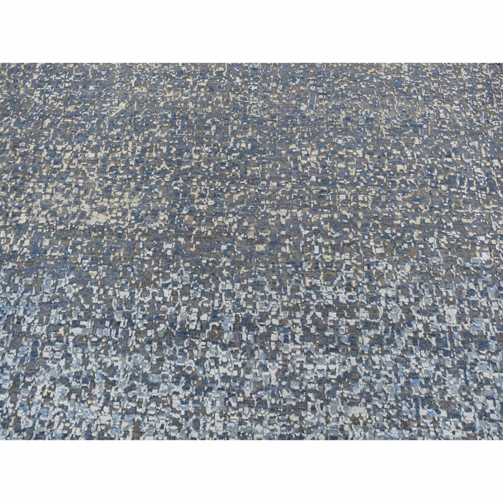 Yale Blue Wool and Silk Modern Gradation Design Hand Knotted Rug 10'x14'