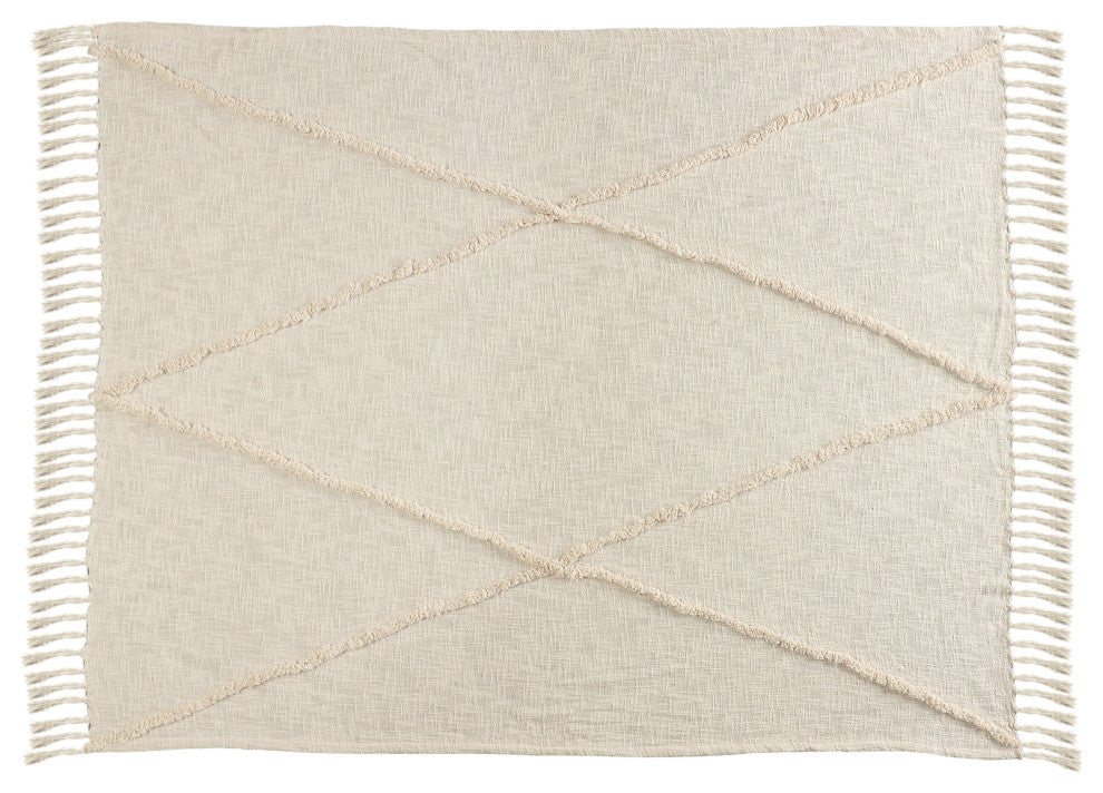 Bohemian Basics Decorative Diamond Tufted Cotton Throw Blanket, Birch/Cream