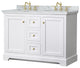48" Double Bath Vanity, White, White Carrara Countertop, Sinks, Gold Trim