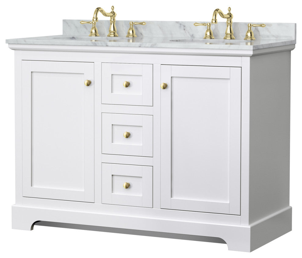 48" Double Bath Vanity, White, White Carrara Countertop, Sinks, Gold Trim
