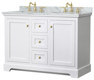 48" Double Bath Vanity, White, White Carrara Countertop, Sinks, Gold Trim