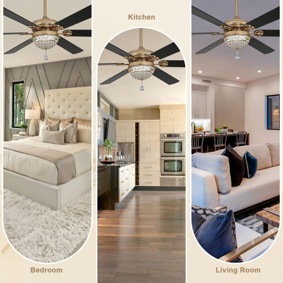 65" Modern Crystal Ceiling Fan with Dimmable LED Light and Remote, Black