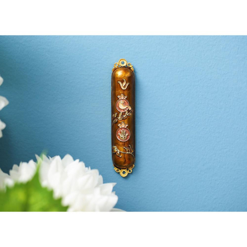 Matashi Hand Painted Enamel Mezuzah With Dove and Hamsa Design With Crystals