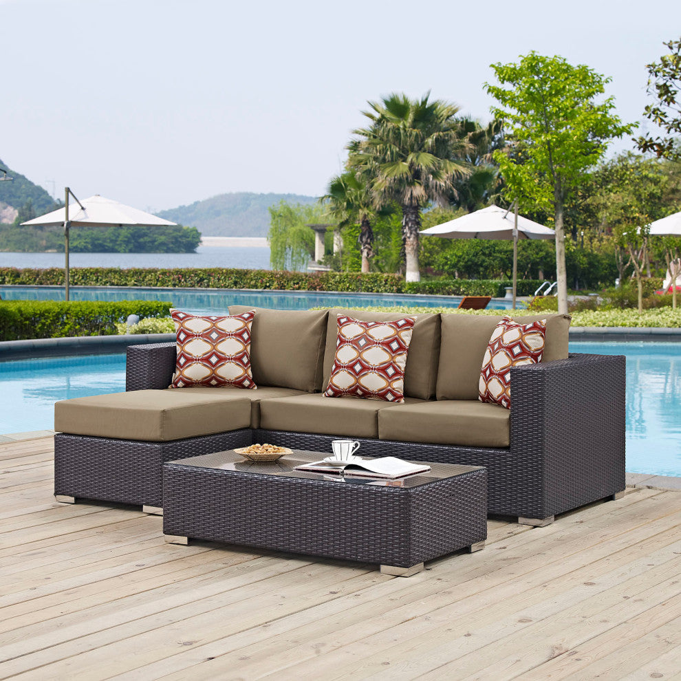Lounge Sectional Sofa and Table Set, Rattan, Wicker, Dark Brown Brown, Outdoor