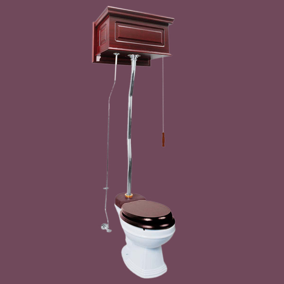 High Tank Toilets White Raised Panel Cherry Finish Elongated Z-Pipe, White, Silver, Cherry