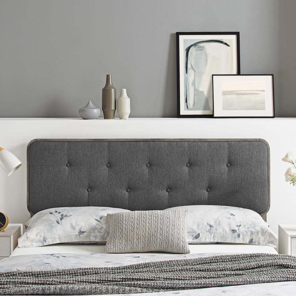 Tufted Headboard, Twin Size, Wood, Fabric, Gray, Modern Mid-Century