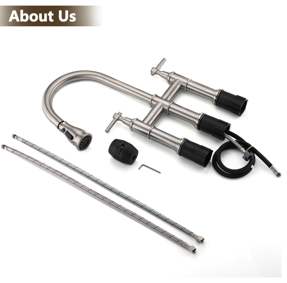 Double Handle High Arc Bridge Kitchen Faucet with Pull-Down Spray Head