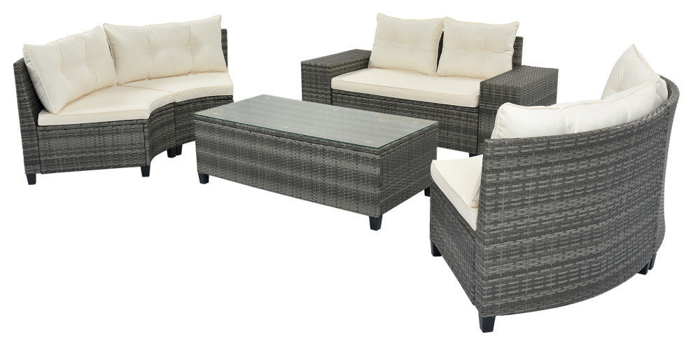 8 Pieces Outdoor Wicker Curved Patio Sectional with Coffee Table and Cushions, Beige