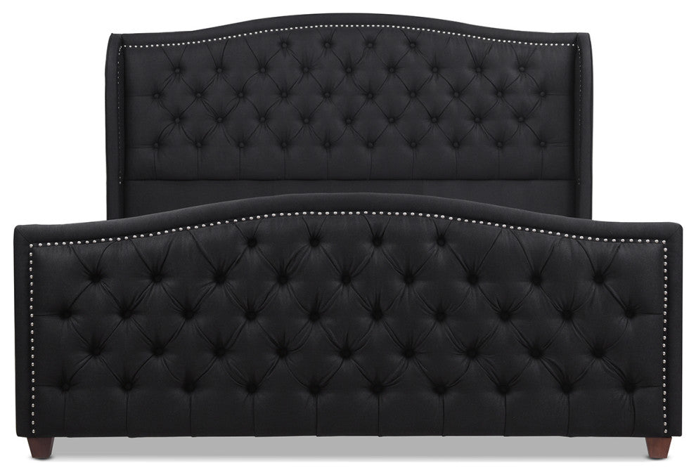Marcella Upholstered Tufted Shelter Wingback Panel Bed, Jet Black Polyester, King