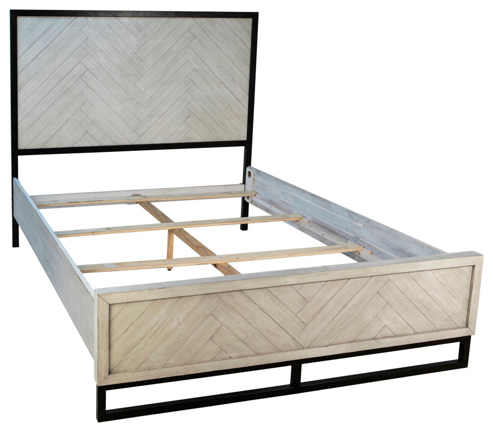 Vincent Acacia and Iron Panel Bed With Harringbone Headboard, Queen