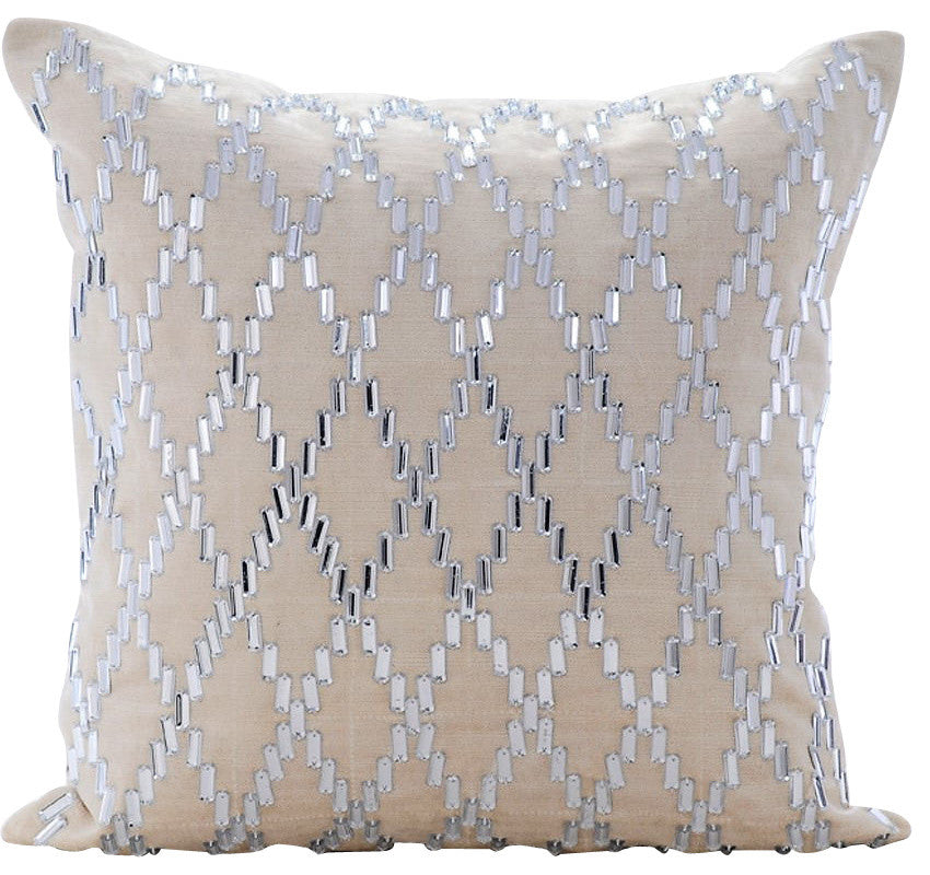 Ivory Decorative Pillow Covers 22"x22" Velvet, Crystal Argyle