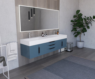 CastelloUSA Amazon 72" Wall Mounted Vanity Set, Blue, White Top, Black Handles