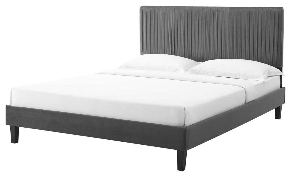 Platform Bed Frame, Twin Size, Velvet, Dark Grey Gray, Modern Contemporary