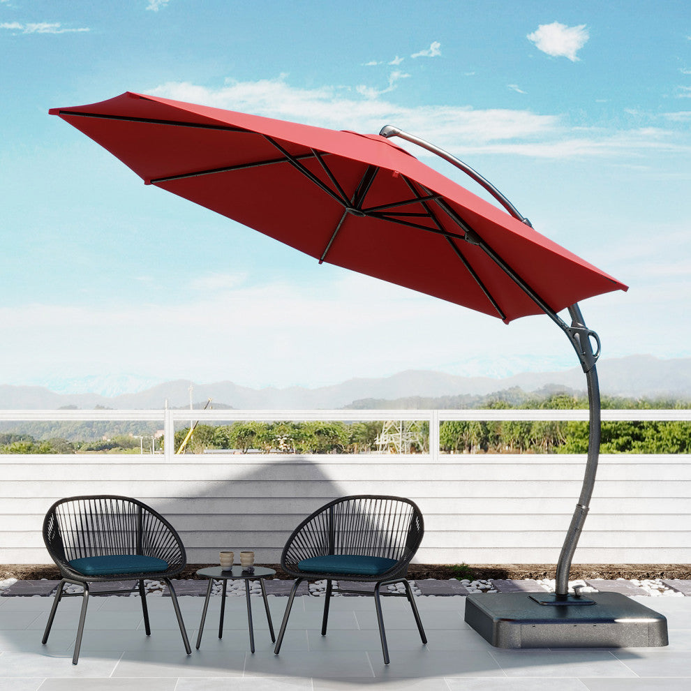 11' Outdoor Patio Hanging Cantilever Curvy Umbrella With 360 Rotation, Red