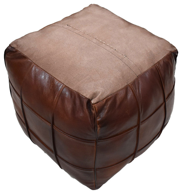 Pouf-Solid Handmade Leather Pouf (Recycled Foam with Fiber Fill), Brown, Square, 16x16x16
