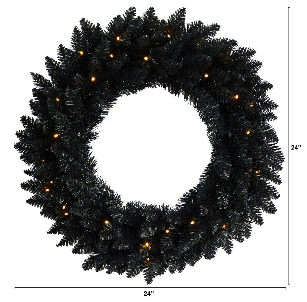 24" Black Artificial Wreath With 35 Warm White LED Lights