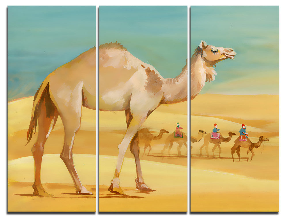 "Camel Walking in Desert" Watercolor Canvas Print, 3 Panels, 36"x28"
