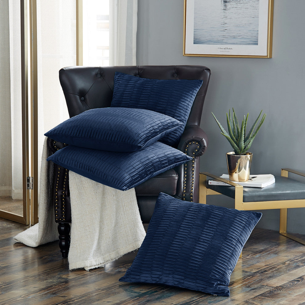 Pleated Velvet Pillow Cover 4 Piece Set, Blue, 20" X 20"