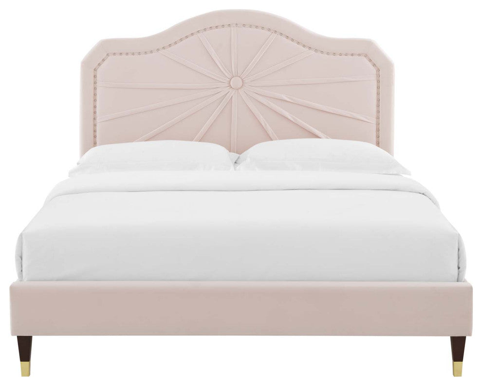 Platform Bed Frame, Full Size, Velvet, Pink, Modern Contemporary, Bedroom Master