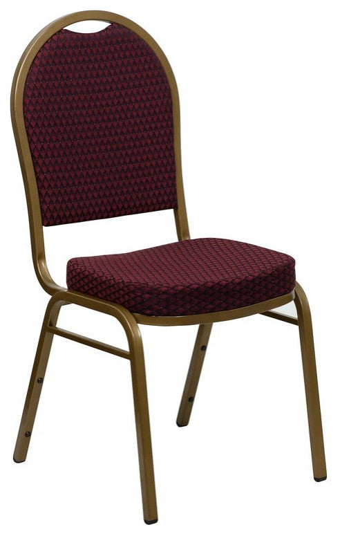 Set of 4 Dining Chair, Patterned Fabric Upholstery & Dome Back, Burgundy/Gold