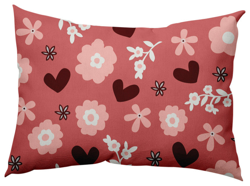 Flowery Love Valentines Indoor/Outdoor Lumbar Pillow, Pink, 14x20"