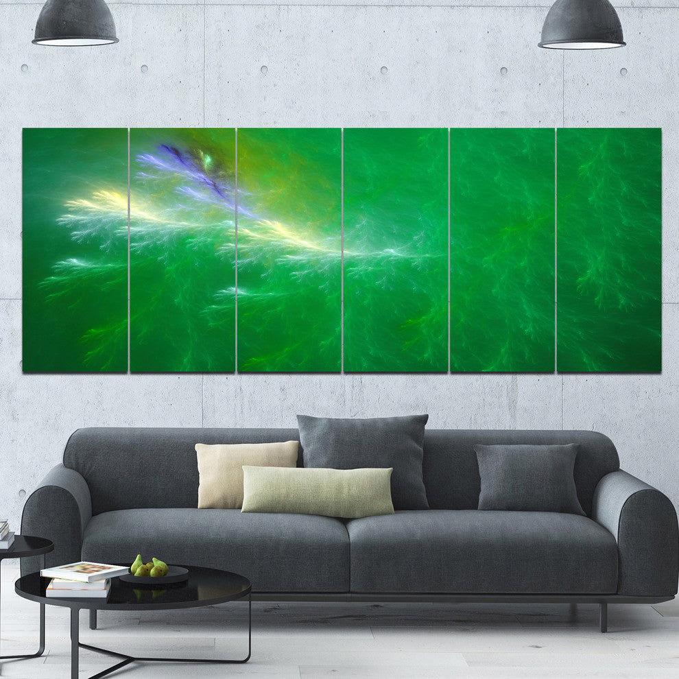 Green Fractal Thunder Sky, Abstract Wall Art Canvas, 70"x28", 6 Panels