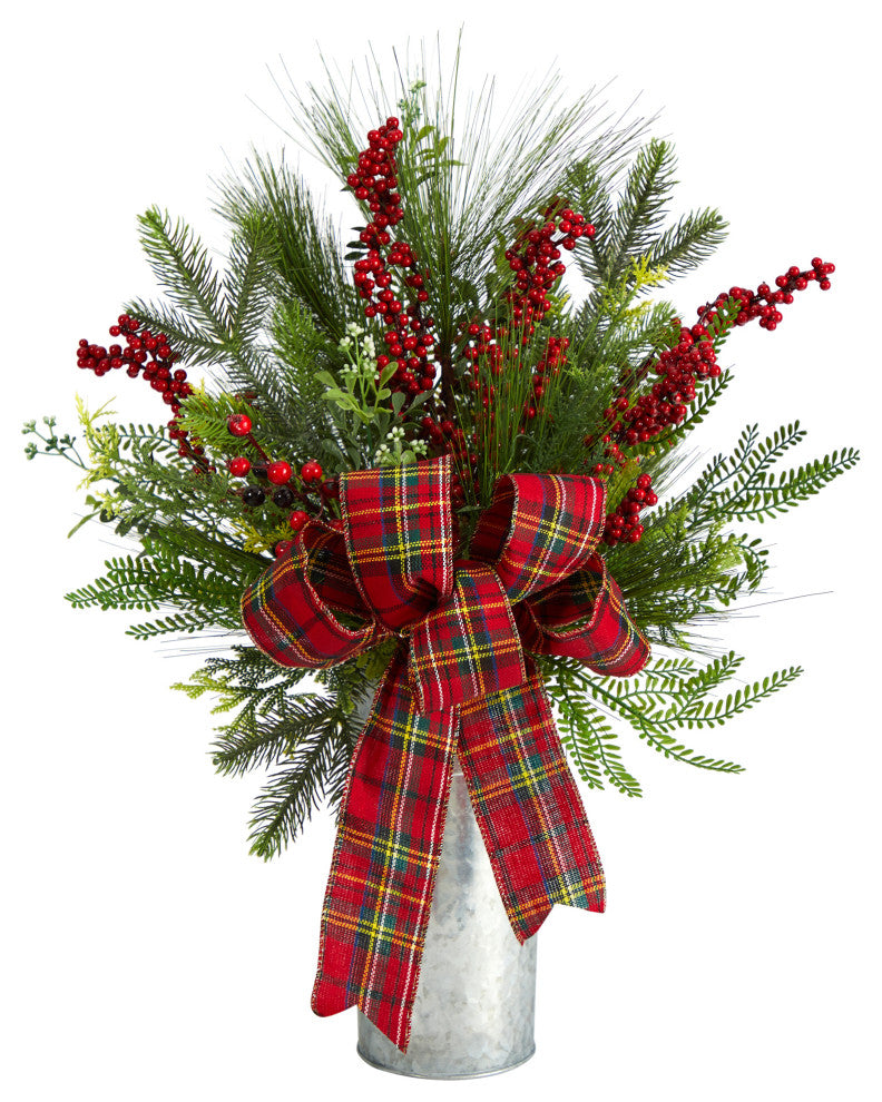28" Holiday Winter Greenery, Berries and Plaid Bow Faux Xmas Arrangement