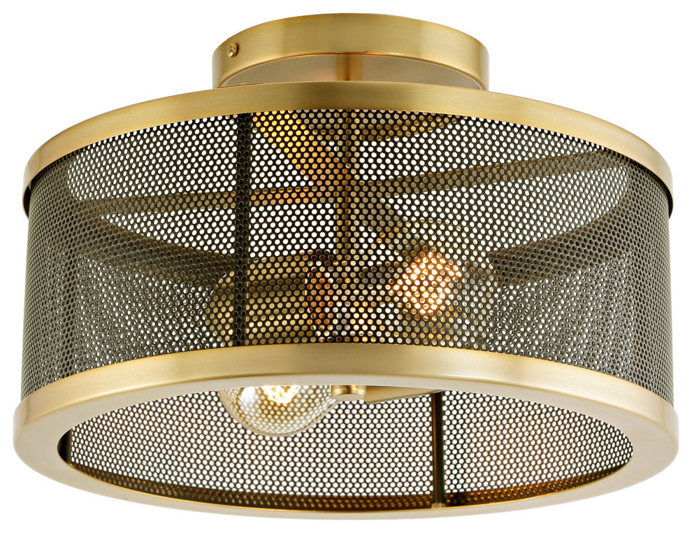 Wellington 2 Light Mesh Semi Flush Mount, Satin Brass and Black