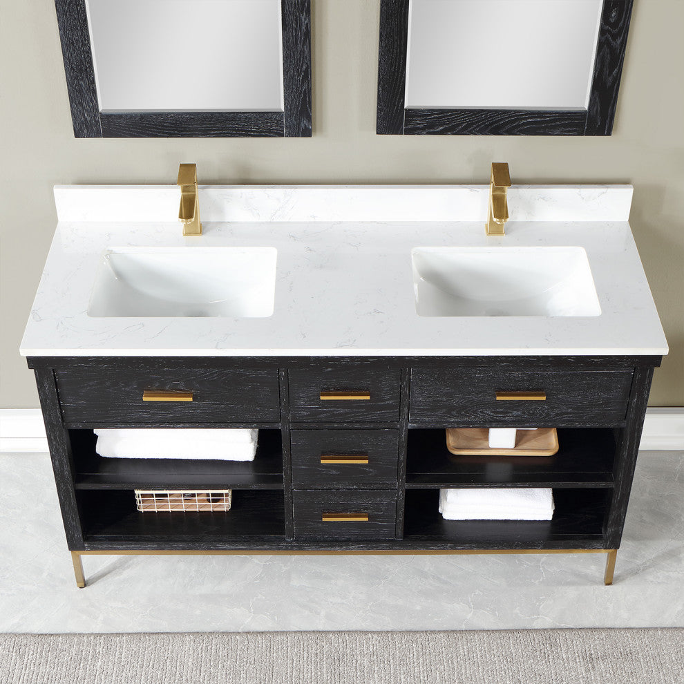 Kesia Black Oak Bathroom Vanity Set, 60", With Mirror