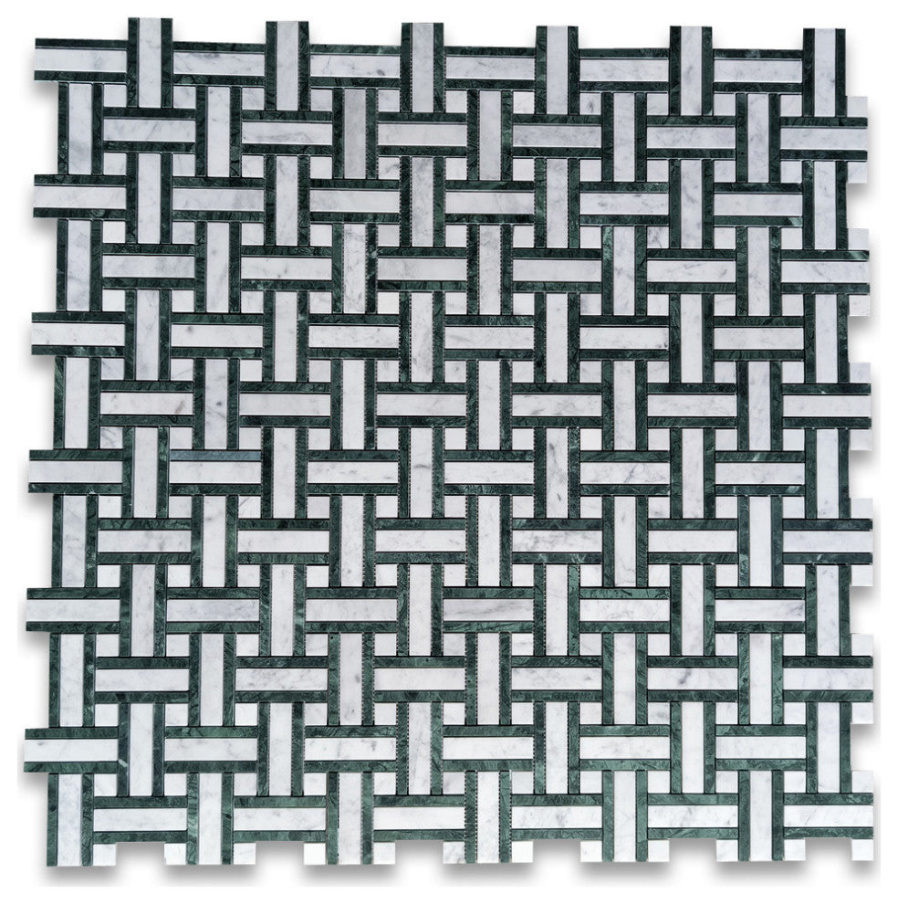 Carrara White Marble Twine Basketweave Mosaic Tile Indian Green Honed, 1 sheet