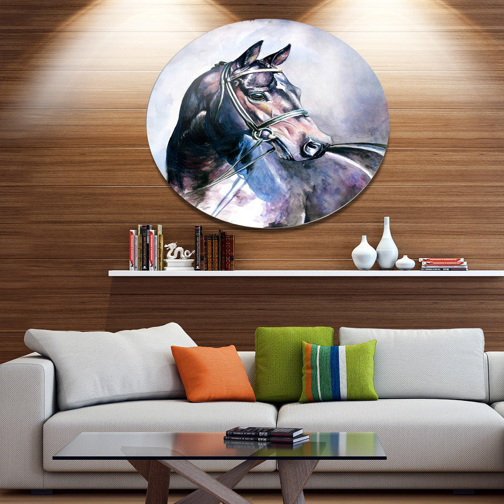 Black Horse With Bridle, Animal Round Wall Art, 11"