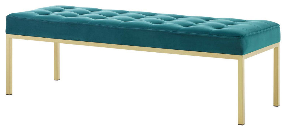 Living Lounge Accent Chair Bench, Velvet Fabric Metal Steel, Gold Aqua Blue