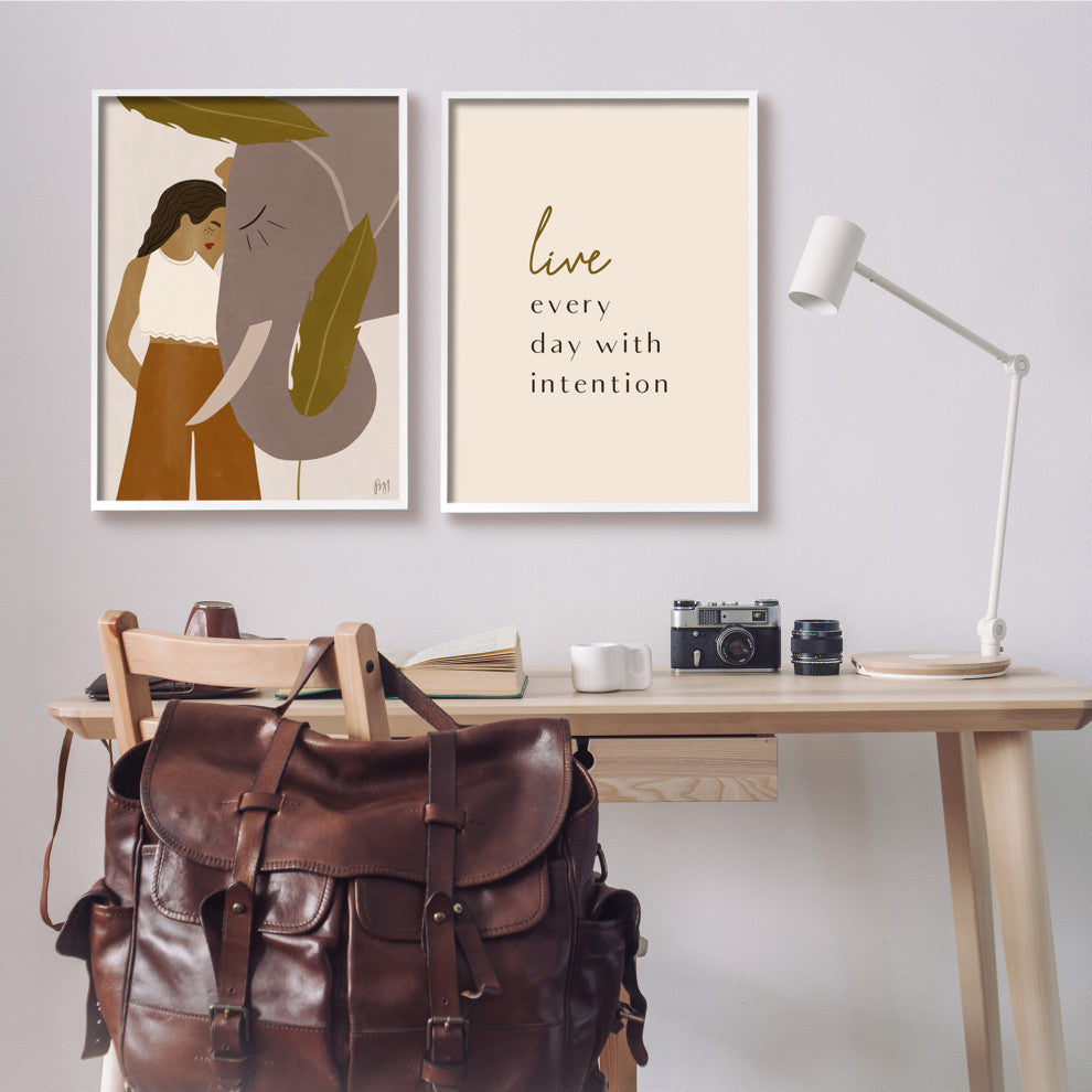 Live Everyday with Intention Woman Resting Against Elephant,24 x 30