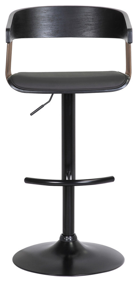 Larisa Adjustable Black Wood Bar Stool Black Faux Leather Bronze and Black Metal