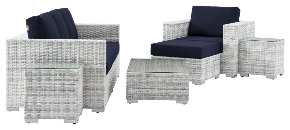 Lounge Sectional Sofa Chair Set, Rattan, Wicker, Gray Blue Navy, Outdoor