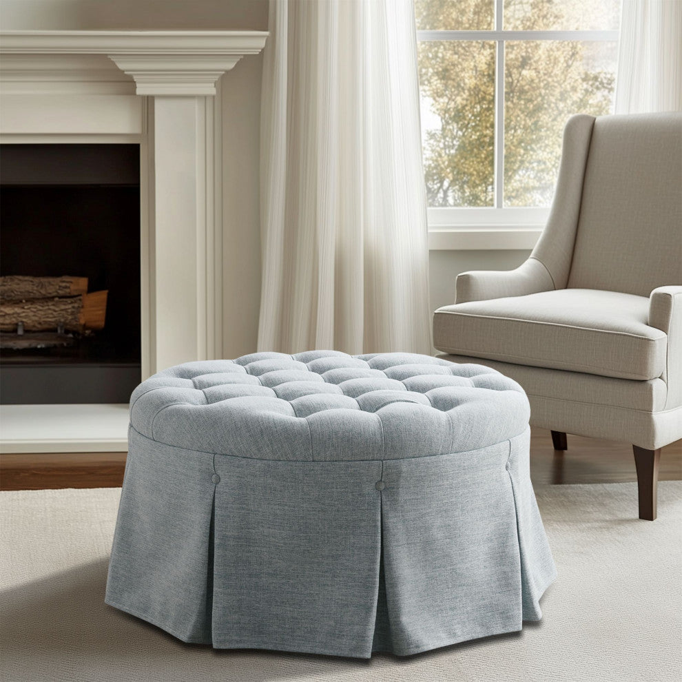 Martha Stewart Terri Skirted Tufted 32" Round Ottoman, Light Blue