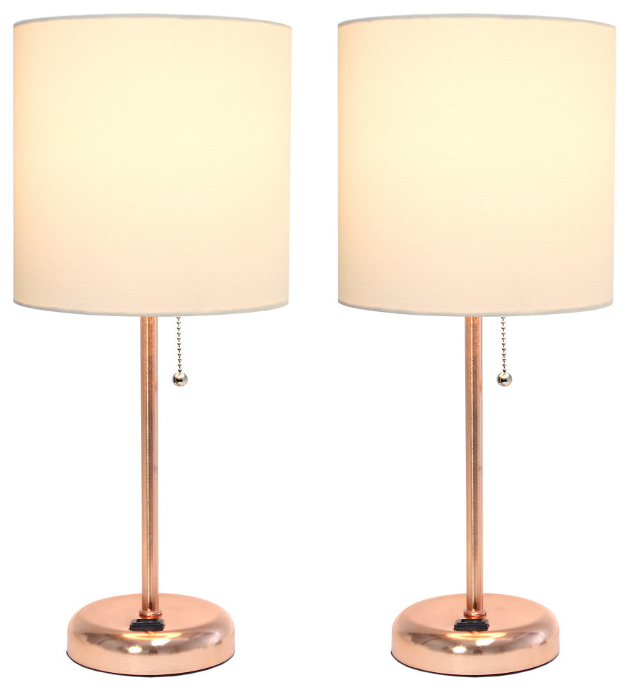 Rose Gold Stick Lamp With Charging Outlet and Fabric Shade Two Pack Set
