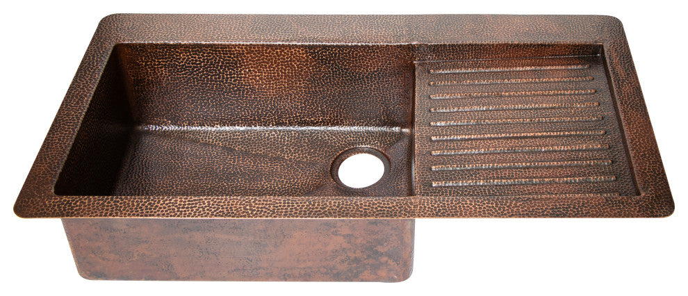 40" Drop-in Single Bowl Hammered Copper Kitchen Sink w/ Wringer, 16 Gauge