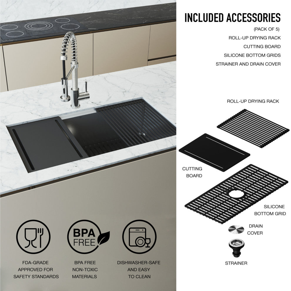 Mercer Single Bowl Stainless Steel Undermount Kitchen Sink with Accessories, 36" L X 20" W, Workstation