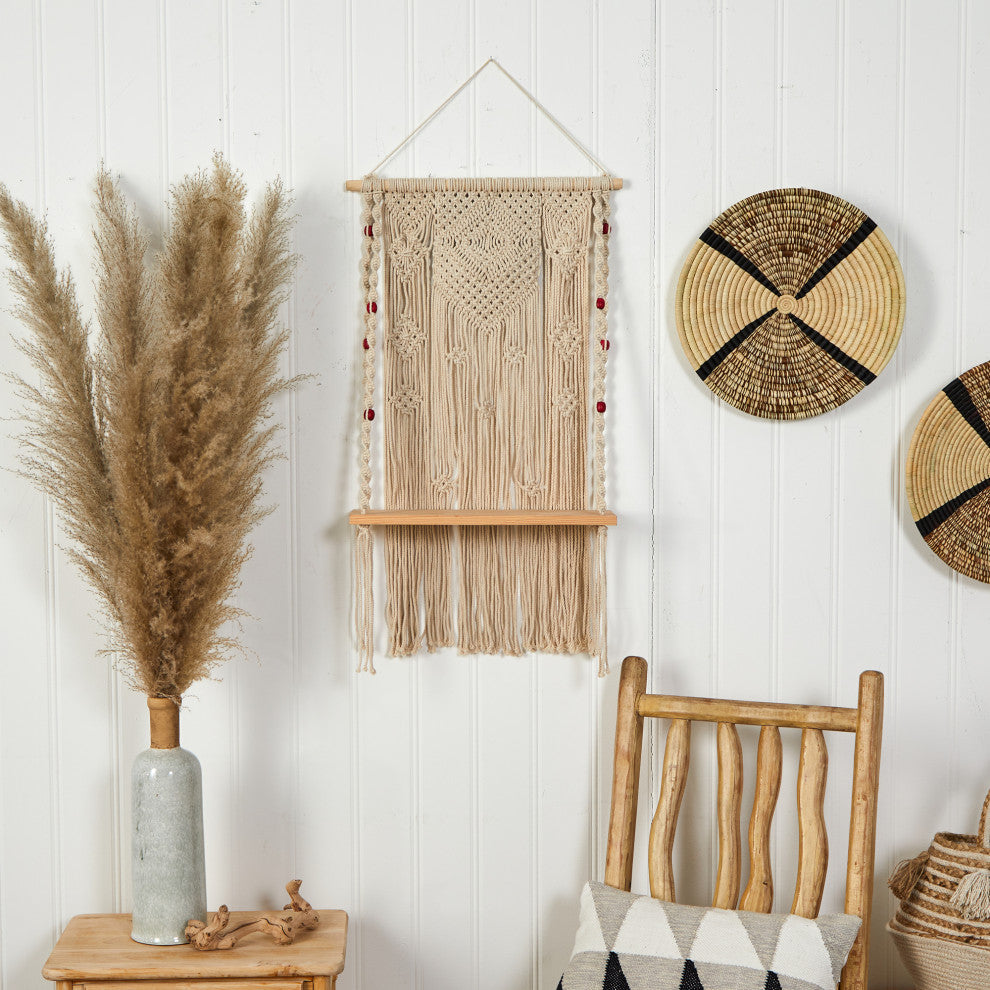 2.5' x 1.5' Bohemian Macrame Wall Hanging With Wooden Shelf