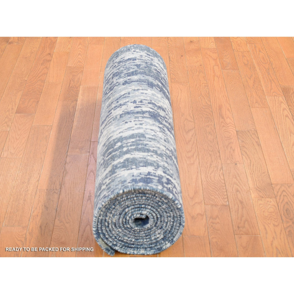 Hand Knotted Denim Blue Abstract Design Wool and Real Silk Runner Rug 3'8"x17'2"