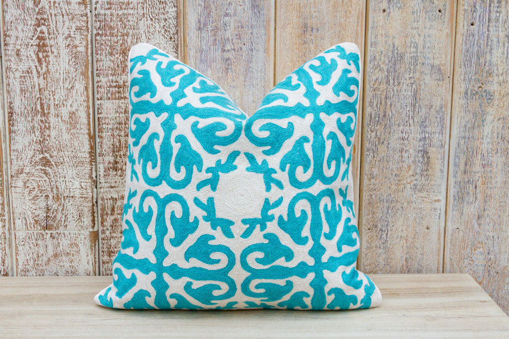 Turquoise & White Moroccan Wool Embroidered Throw Pillow Cover