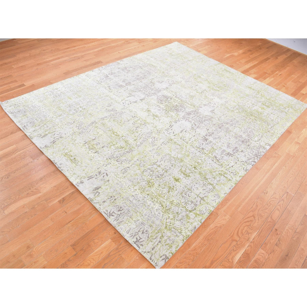 Light Gray Hand Knotted Wool And Silk Transitional/Modern Design Rug, 9'x11'9"