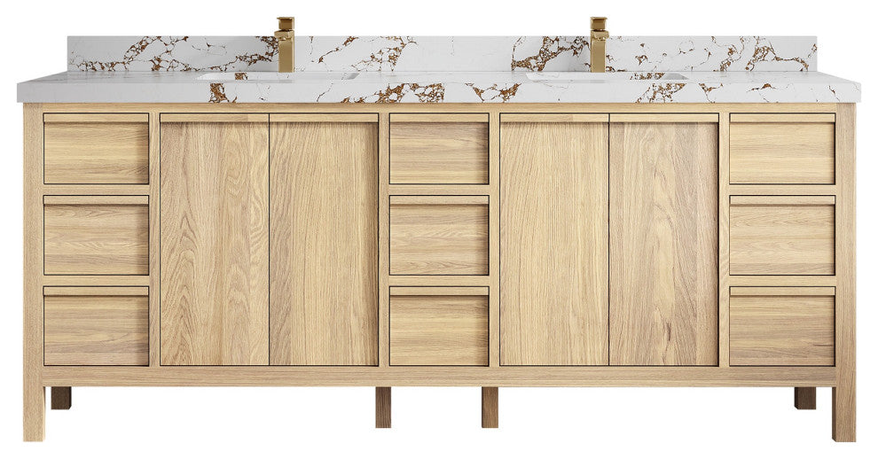 Elizabeth Oak 84" Double Sink Vanity, White 2" Viola Brown
