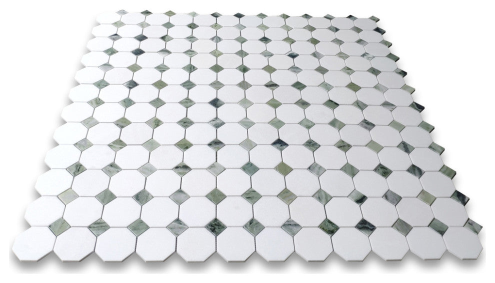 Thassos White Marble Octagon Mosaic Tile Sagano Green Dots Honed, 1 sheet