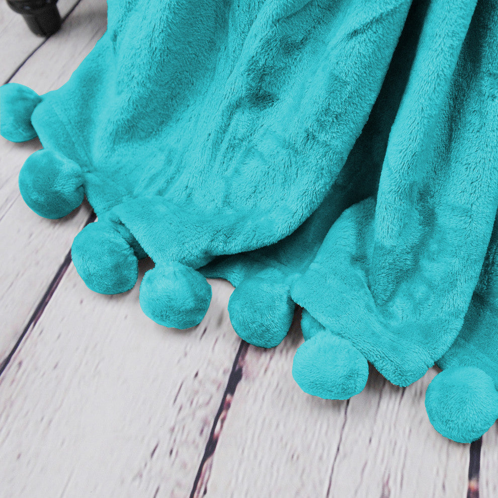 Pom Pom Flannel Fleece Throw Blanket, Baltic Blue, 50" X 60"