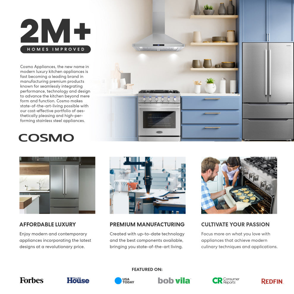 Cosmo Ducted Wall Mount Range Hood in Stainless Steel, Permanent Filters, 36"
