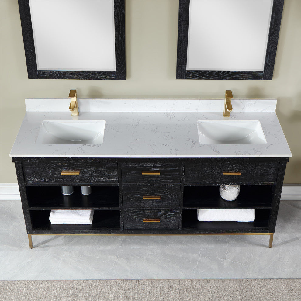 Kesia Black Oak Bathroom Vanity Set, 72", With Mirror
